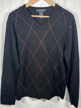 Marco FiorI Black V-Neck Merino Wool Sweater with Burgundy Argyle